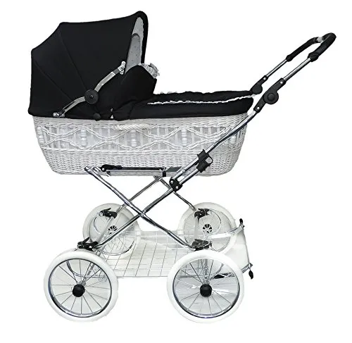 EICHHORN Weidenkorb Kinderwagen Korb Weiß Stoff Schwarz