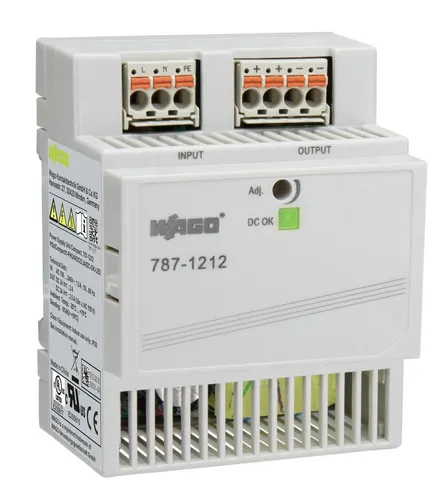 WAGO 787-1212 Stromversorgung 24V - Schaltnetzteil mit 60 W Ausgangsleistung, einstellbarer Spannung von 22V bis 26V, ideal für Innenanwendungen und kurze Installationszeiten.