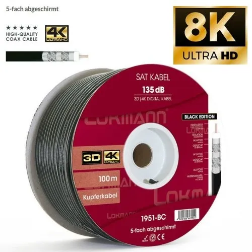 Lokmann 135dB 100m Vollkupfer 7mm SAT Koaxial Antennenkabel 5-fach 4K 8K schwarz