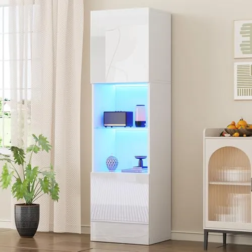 BTM Weiße Hochglanzvitrine LED-Beleuchtung, 1 Glasböden, 45x35x160 cm, Vitrinen, freistehende Vitrinen, Hochschränke, Lagerschränke