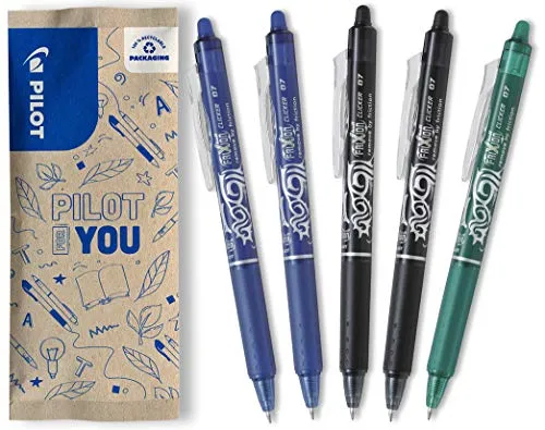 PILOT FriXion Clicker 0.7 – 5 Stück – Farben 2x Blau/Schwarz, 1x Grün – Radierbarer, nachfüllbarer Gel-Tintenroller mit Druckmechanik und thermosensitiver Tinte, mittlere Spitze