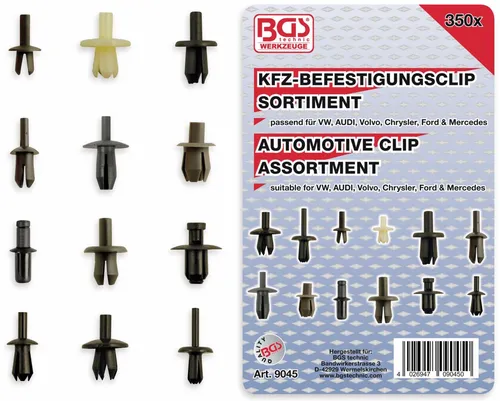 BGS Kfz-Befestigungsclip-Sortiment für VW, Audi, Volvo, Chrysler, Ford, Mercedes - Kfz-Befestigungsclip-Sortiment, kompatibel mit zahlreichen OEM-Teilen, ideal für Reparaturen und Wartungen an verschiedenen Fahrzeugmarken.