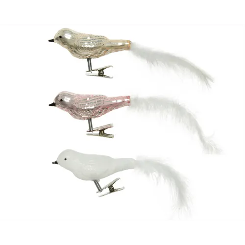 Christbaumkugeln Vogel Klipps 3er Set - weiß, rosa, gold 3 x 8 cm - 3 Stk. a 8 c
