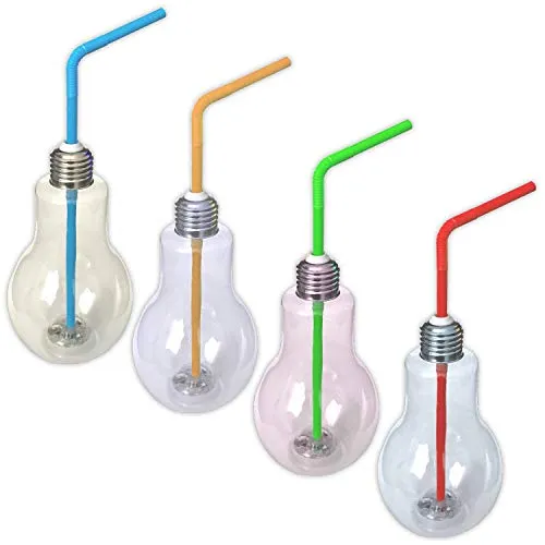 Eaxus 4er Set LED RGB Partyglas Birne mit Deckel und Strohhalm 400ml Party Cocktail Becher Transparent Beleuchtetes Longdrinkgläser Kunststoff Trinkbecher Blinkend