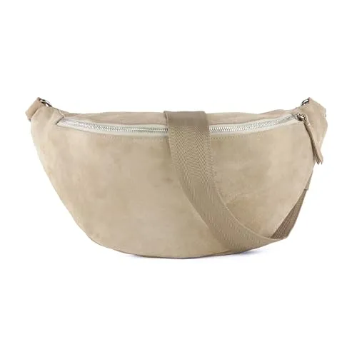 lePelou Bauchtasche VALENTINA IN BEIGE MIT WECHSELGURT, Umhängetasche aus Wildleder (zwischen 4 Größen wählbar, 1 Tasche & 2 Gurte), echt Leder, Made in Italy beige XL 40*20*12