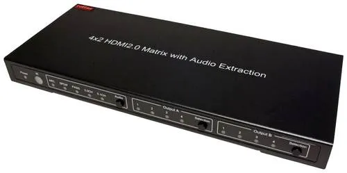 ROLINE 4K HDMI Matrix Switch 4 x 2 mit Fernbedienung - Sonstiges TV-Zubehör, ermöglicht das einfache Umschalten von vier HDMI Quellen auf zwei Ausgabegeräte in Ultra HD 4K@60Hz, perfekt für Heimkino und Gaming.