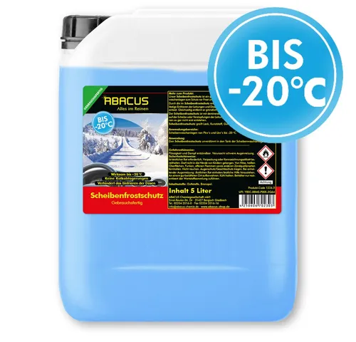 ABACUS Scheibenfrostschutz -20 °C, 5 l - Gebrauchsfertiger Scheibenfrostschutz für eine klare Sicht im Winter. Wirkt bis -20 °C und schützt Ihre Scheibenwischanlage vor Verkalkung. Ideal für alle Materialien und garantiert schmierfreie Reinigung!