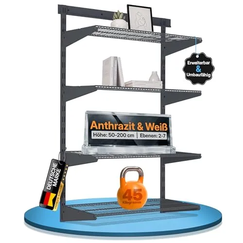 BOOMET Wandregal Metall Anthrazit – Flexibles Regalsystem mit Drahtboden - Modulares Wandschienen-Regalsystem für individuelle Ordnung: ideal für Ankleide, Büro oder Werkstatt. Stabiler Drahtboden, belastbar bis 45 kg, in 28 Varianten und verschiedenen Höhen erhältlich.