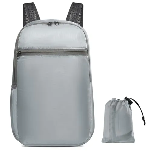 KOSLEOW Ultraleichter Faltrucksack 20L, Leichter Rucksack Faltbar Wasserdicht für Wanderrucksack, Trekking, Camping, Radfahren Daypack mit Atmungsaktivem Tragegurt, Grau