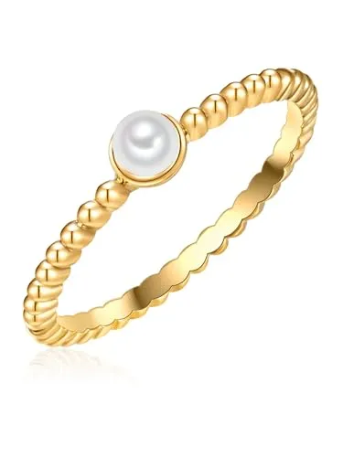 Lulu & Jane Damen Ring aus Messing mit rund Muschelkernperle ca. 3,0 mm Perlenring gelbgold