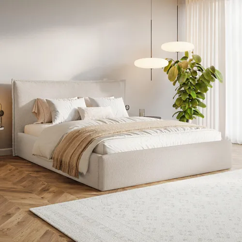 MOTIVENA Leno Bett 180x200 Beige Boucle mit Stauraum und Kopfteil