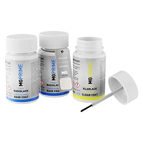 MG PRIME Autolack Lackstift Set für Ford 9VJGWHA / PN3KP0 / UG White Platinum Metallic/Arktisweiss Grundlack Basislack Klarlack je 50ml