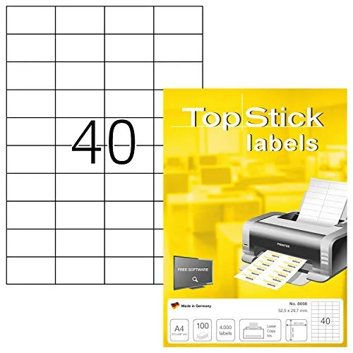 TopStick 8698 Universal Etiketten, 100 Blatt, 52,5 x 29,7 mm, 40 pro A4 Bogen, 4000 Stück, selbstklebend, bedruckbar, matt, blanko Papier Klebeetiketten Aufkleber, weiß