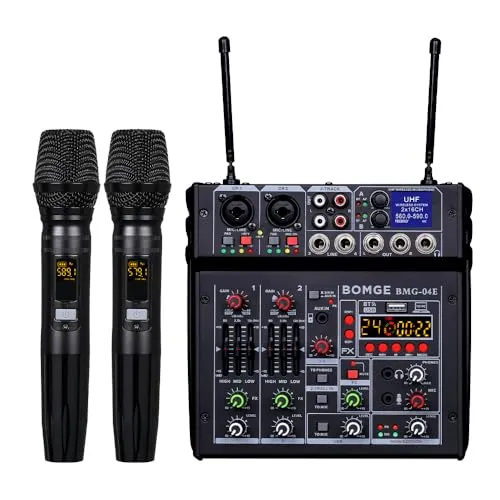 BOMGE 04E Karaoke-Audio-Mixer, 4-Kanal-Mixer mit kabellosem Dual-UHF-Mikrofon, Soundboard-Konsole, MP3, Bluetooth, 48 V, Phantomspeisung, USB-Audio-Schnittstelle, DJ-Mixing für Party, Computer,