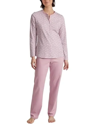 CALIDA Midnight Flowers Pyjama - Schlafanzüge für Damen, aus 100% dicker Baumwolle für höchsten Komfort und stilvolles Design mit sanftem Karo-Uni-Muster.