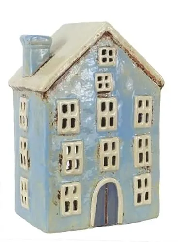 mucHome Windlicht Haus für Teelicht aus Keramik Teelichthaus Lichthaus (Hellblau 12,5x9x18cm)