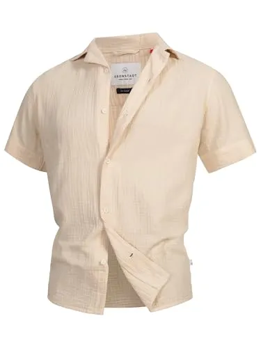 KRONSTADT Herren KSAvery Hemd Kurzarm aus Musselin | Herrenhemd Männer Vanilla Ice, S
