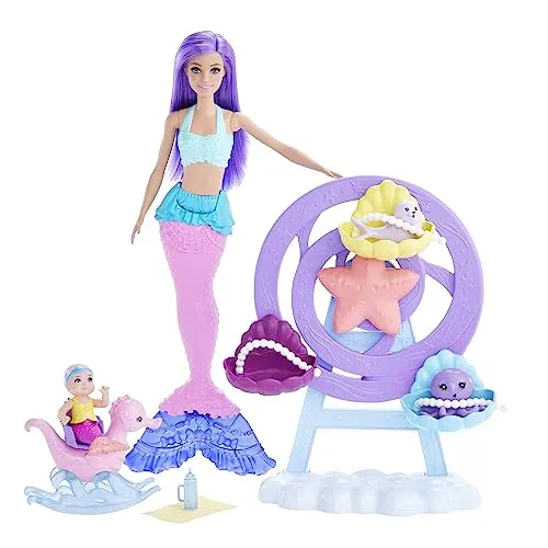 Barbie Dreamtopia Meerjungfrau mit lila Haaren - Puppen Set mit 2 Figuren, inklusive Pflegezubehör für die Meerjungfrau und ihre Freunde; fördert die Fantasie von Kindern ab 3 Jahren.