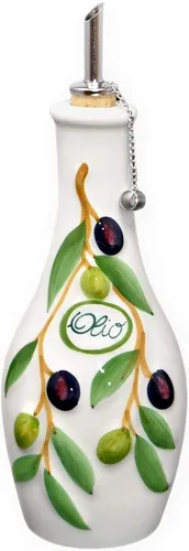 Lashuma Ölkaraffe Olive, handgemachte Keramik Ölflasche 500 ml - Essig & Öl Spender, dekorative Ölflasche im Oliven Design, ideal für die stilvolle Aufbewahrung von Olivenöl und Kräuterölen, handgefertigt in Italien.