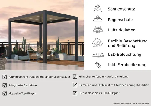 Pergola Pavillon anthrazit mit motorisiertem Dach und LED Licht 3x3x2,7m - Moderne Pergola in anthrazit, ideal für den Außenbereich. Mit motorisiertem Dach und integrierten LED-Lichtern für stimmungsvolle Abende. Stabiler Aluminiumrahmen, UV-geschützt und langlebig.
