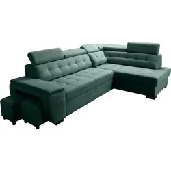 Robin Grand Ecksofa mit Schlaffunktion – Flaschengrün, Rechts - Stilvolles Ecksofa mit Schlaffunktion und Bettkasten für optimalen Platz im Wohnzimmer. Der Ausklappmechanismus verwandelt es schnell in ein gemütliches Bett. Verstellbare Kopfstützen sorgen für zusätzlichen Komfort.