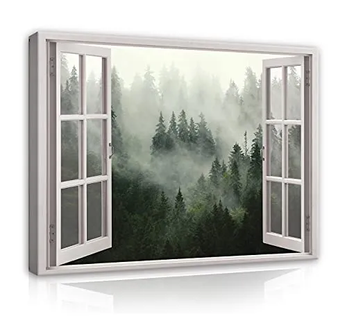 WallArena - Leinwand Bilder - Fensterblick Wald Nebel Landschaft Fenster - 100x75 cm Leinwandbilder Bild auf leinwand Wandbild XXL groß Wandbilder für Wohnzimmer Schlafzimmer Wohnzimmerbilder Modern