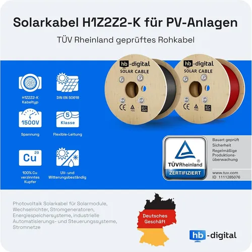 hb-digital 2x 30m Solarkabel 4mm² mit Solar Stecker Schwarz/Rot - Hochwertiges Verlängerungskabel für Solaranlagen, robust und wetterfest, ideal für den professionellen Einsatz bei verschiedenen Temperaturen.