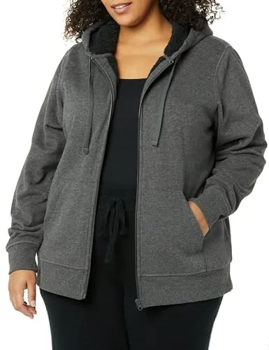 Amazon Essentials Damen Sherpa-gefütterte Fleece-Kapuzenjacke mit durchgehendem Reißverschluss (erhältlich in Übergröße), Dunkelgrau Meliert, S