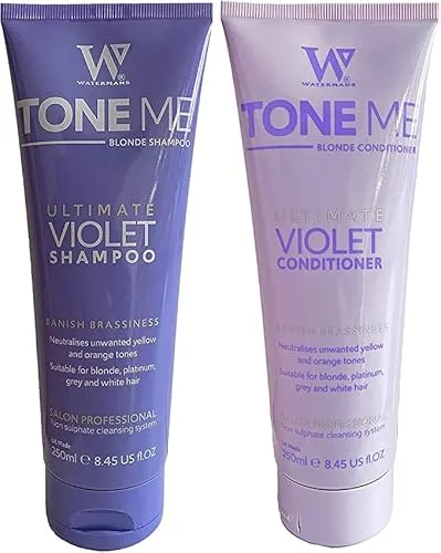 Purple Shampoo & Purple Conditioner Set mit kostenloser Make-up-Tasche, Watermans Life is Better in Blonde Set - Entfernt schnell Gelbtöne für blondes, platinfarbenes, weißes oder graues Haar