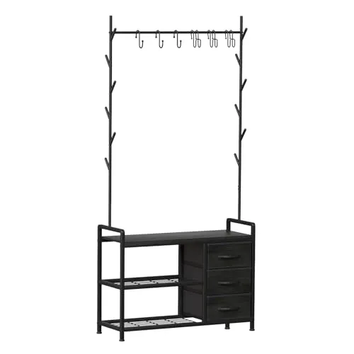 Leader Accessories Garderobenständer mit Bank Metallgarderoben rustikal Kleiderständer 176x30x84cm (HxTxB) Schwarz/Schwarze Holzmaserung