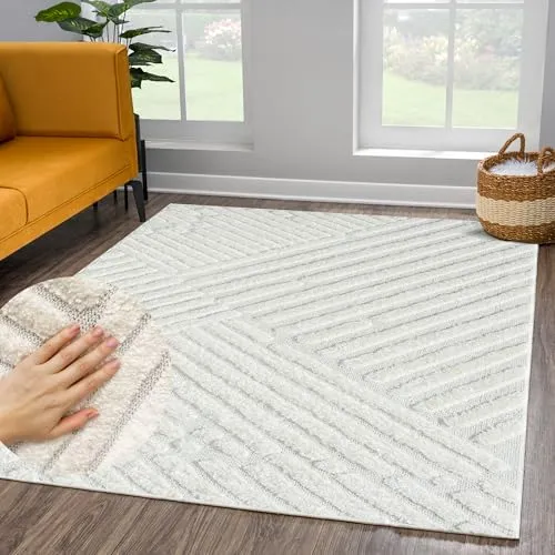 payé Teppich Nara-749 Hochflor 200x290 cm Pastell-Creme Rautenmuster