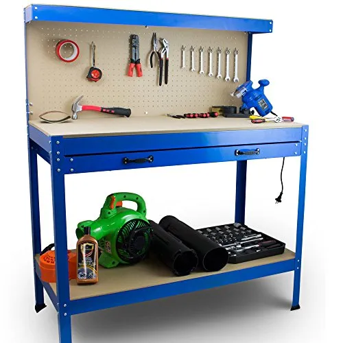 Werkstatt Tisch BITUXX mit Lochwand - Robuste Werkbank mit Ablageschrank und Schublade, ideal für Heimwerker und Werkstätten. Maximale Tragkraft von 100 kg und praktische Lochwand für Werkzeugorganisation.