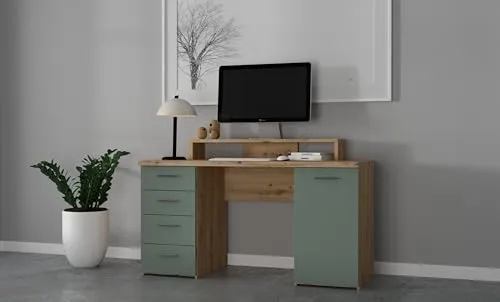 möbelando Schreibtisch >Net< in Artisan Eiche und Salbei - 145x90,7 cm - Schreibtisch mit großzügiger Arbeitsfläche und 4 Schubladen für optimale Organisation, modernes Design in Artisan Eiche und Salbei, ideal für stilvolle Arbeitsbereiche.
