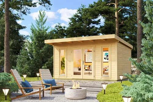 Gartenhaus Blockhaus Pultdach 44 mm Sizilien 1 - Robust und Stilvoll - Gartenhaus mit 44 mm Wandstärke, abschließbar und ideal für Gartenlagerung. Großzügige Nutzfläche von 13.69 m² und isolierverglaste Fenster sorgen für Komfort.