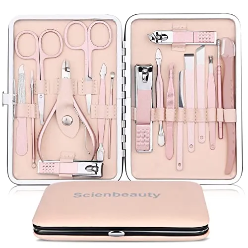 Scienbeauty Maniküre Set, 18 teiliges Pediküre Kit Nagelset Etui Nagelpflegeset Nagelknipser Set, Professionelles Pediküre Kit mit Leder Reisetasche Reise Beauty Kit für Zuhause, Reisen