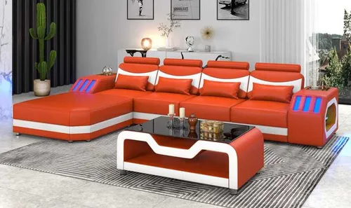 Luxus Ecksofa in Orange mit LED-Beleuchtung - Modernes Ecksofa für 4 Personen, mit stilvollem Kunstlederbezug und LED-Elementen. Ideal für das Wohnzimmer, bietet es Komfort und ein ansprechendes Design.