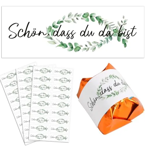 BOOMTOP 52 Aufkleber Schön, dass du da bist Taufe Hochzeit Gastgeschenke Sticker Fisch Eukalyptus Pralinenaufkleber für Konfirmation Kommunion Geburtstag für Küsschen Pralinen Rechteckig