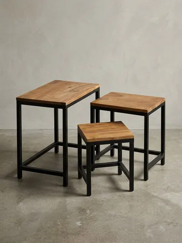 KADIMA DESIGN Satztisch 3er Set Design Beistelltisch AKOLA Massivholz Satztisch Metallbeine (Couchtisch aus Massivholz), Tischset 3 teilig Materialmix