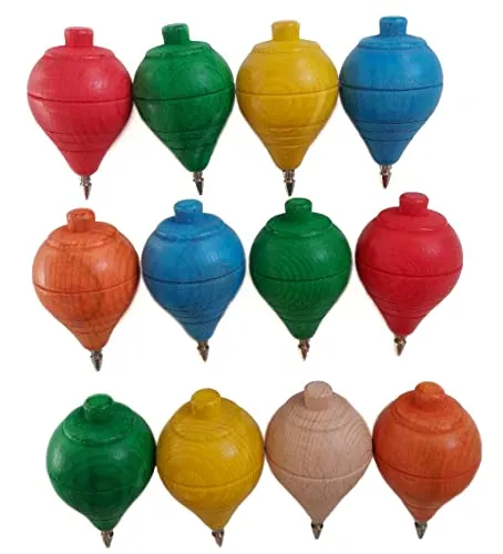 Set aus 4/12 Klassischer Holzkreisel; Farbig; mit Kugelschreiberspitze - Spielzeug Jungen Mädchen - Geschenke und Einzelheiten für Kommunion, Kinderfeste, Kindergeburtstag, Geburtstages, Spinner (4)