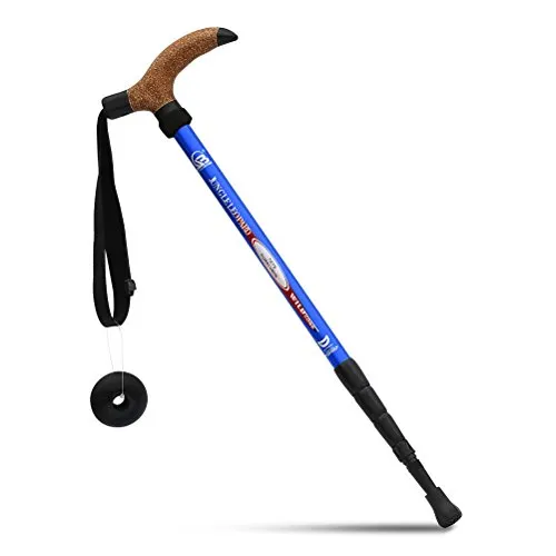 KRY Bergstock / Wanderstock, T-förmiger Griff, einziehbar, aus Luftfahrt-Aluminiumlegierung, verstellbare Teleskopstange, Stoßdämpfung, himmelblau