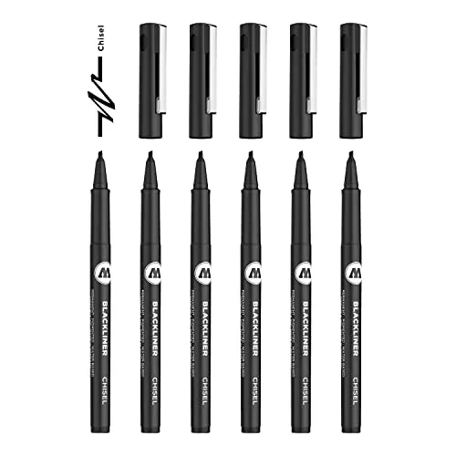 Molotow Blackliner Chiselspitze (Fineliner mit permanenter, dokumentenechter Tinte) 6 Stück schwarz