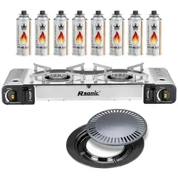 Mianova Gaskocher Doppel Gaskocher 2 flammiger Campingkocher BBQ Grillplatte Gasflaschen, (Leistungsstarker 2 Flammen Campingkocher mit Piezozündung wahlweise mit Gaskartuschen und Grillplatte) Gaskocher + Grillplatte + 8 Gasflaschen