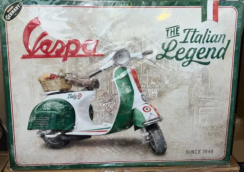 Vespa Retro Blech Schild Vespa Italian 40 x 30 cm - Blechschilder, nostalgisches Design aus robustem Stahlblech mit 3D-Optik, ideal für Werkstatt oder Wohnung, Made in Germany, Maße: 40 x 30 cm.