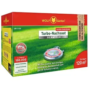 WOLF Gartendünger Garten Turbo-Nachsaat Schatten 3826122 LR-S 120, ROT, 1-St. - Pflanzendünger für schattige Bereiche, fördert schnelles Wachstum und eine dichte Rasenfläche, ideal für Nachsaat.