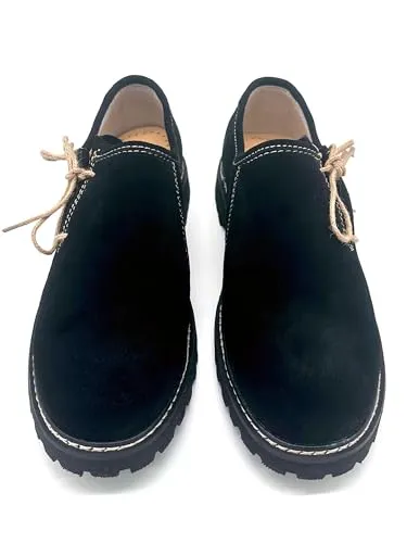 Almbock Trachtenschuhe schwarz - Gr. 39 40 41 42 43 44 45 46 47 48, aus Veloursleder, robuste Sohle, Doppel-Naht in weiß genäht, hochwertig und edel