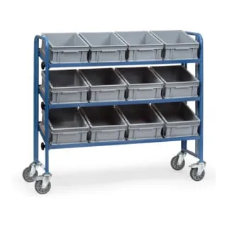 Fetra Eurokastenwagen 2884 - Montagewagen mit 12 Eurokästen, 3 Etagen und variabel neigbaren Böden für optimale Flexibilität. Hohe Tragkraft von 250 kg und 10 Jahre Garantie - ideal für Werkstätten und industrielle Anwendungen.