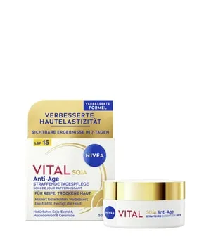 NIVEA VITAL Soja Anti-Age Tagespflege LSF 15 – 50 ml - Hochwertige Tagescreme für reife Haut mit LSF 15. Die Formel mit natürlichem Soja-Extrakt sorgt für spürbare Straffung und intensive Feuchtigkeit. Ideal für ein gepflegtes, jugendliches Hautbild.