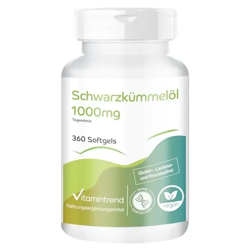 Schwarzkümmelöl 1000mg, 360 Softgels, schluckfreundlich, 1000mg pro Tag, kaltgepresst, hochdosiert, Nahrungsergänzungsmittel ohne Magnesiumstearat, in Deutschland hergestellt