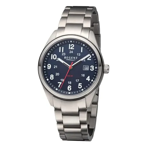 REGENT Herrenuhr Solar Titan F-1538 - Armbanduhr für Herren mit 10 ATM Wasserdichtigkeit, solarbetriebenem Quarzwerk und robustem Titanarmband für höchsten Tragekomfort.