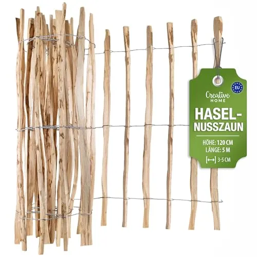 Creative Home Haselnusszaun 120cm hoch, 5m lang | Dekorativer Rollzaun für Garten und Beet